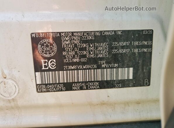2T3BWRFV9LW084236 2020 TOYOTA RAV4 White Vista de la etiqueta del VIN