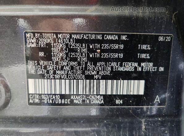 2T3C1RFV0LC070908 2020 TOYOTA RAV4 Gray VIN sticker view