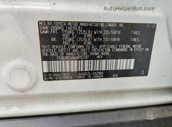 2T3C1RFV0LW092387 2020 TOYOTA RAV4 White Widok wnętrza 360 stopni