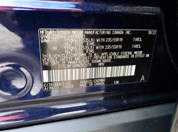 2T3C1RFV0RW302978 2024 TOYOTA RAV4 Blue VIN კოდის სტიკერის ხედი