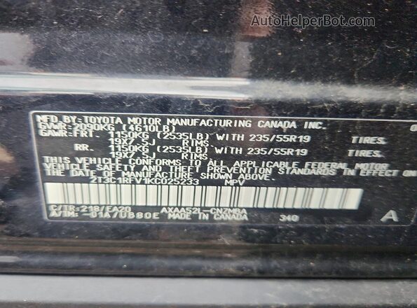 2T3C1RFV1KC025233 2019 TOYOTA RAV4 Black VIN sticker view