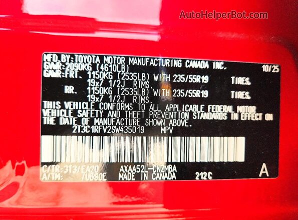 2T3C1RFV2SW435019 2025 TOYOTA RAV4 Red Widok wnętrza 360 stopni