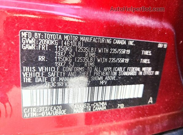 2T3C1RFV3KW048947 2019 TOYOTA RAV4 Burgundy Vista de la etiqueta del VIN