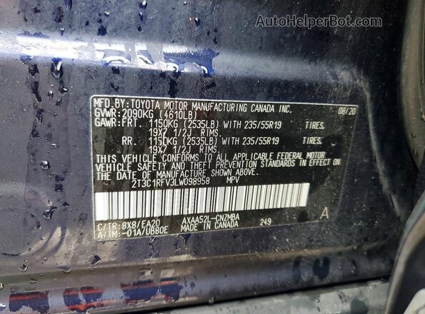 2T3C1RFV3LW098958 2020 TOYOTA RAV4 Blue VIN sticker view
