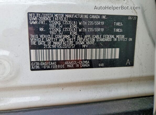 2T3C1RFV5LC070757 2020 TOYOTA RAV4 White Вид наклейки з VIN-кодом