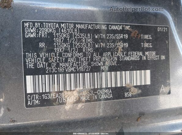 2T3C1RFV5MC118727 2021 TOYOTA RAV4 Gray Շարժիչի բաժամունքի տեսք