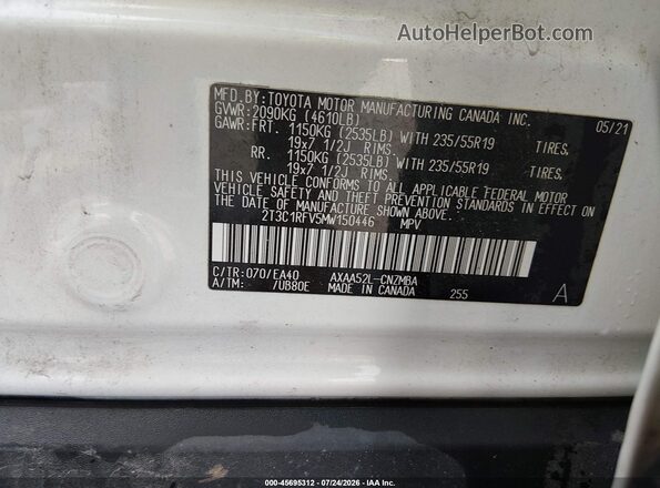 2T3C1RFV5MW150446 2021 TOYOTA RAV4 White Vista del compartimento del motor