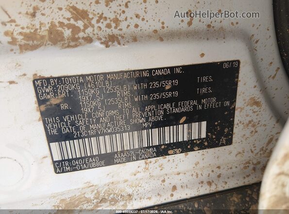 2T3C1RFV7KW035313 2019 TOYOTA RAV4 Белый Вид подкапотного пространства
