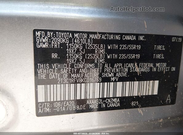 2T3C1RFV8KC016769 2019 TOYOTA RAV4 Silver Вид підкапотного простору