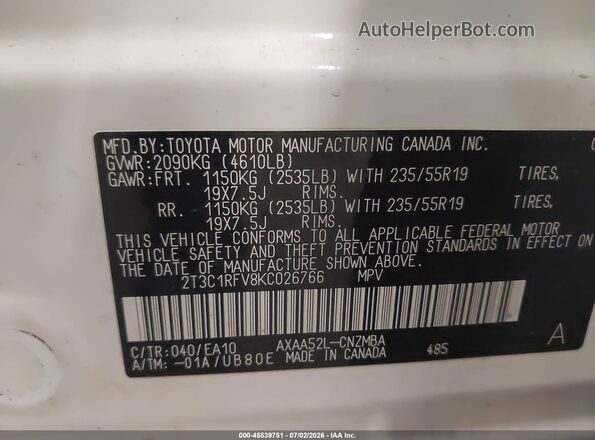 2T3C1RFV8KC026766 2019 TOYOTA RAV4 White Engine compartment view