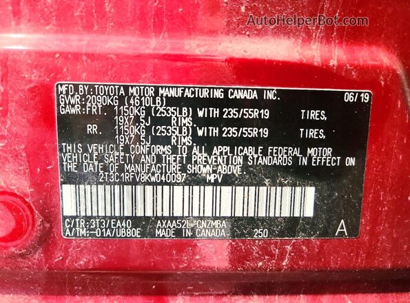 2T3C1RFV8KW040097 2019 TOYOTA RAV4 Red Vista de la etiqueta del VIN
