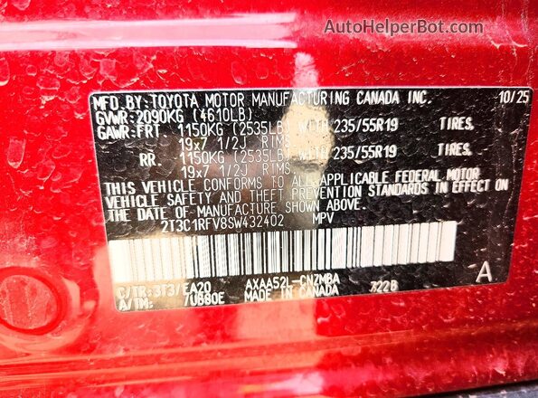 2T3C1RFV8SW432402 2025 TOYOTA RAV4 Burgundy Widok naklejki z numerem VIN