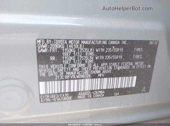 2T3C1RFV9LW098124 2020 TOYOTA RAV4 Gray Շարժիչի բաժամունքի տեսք