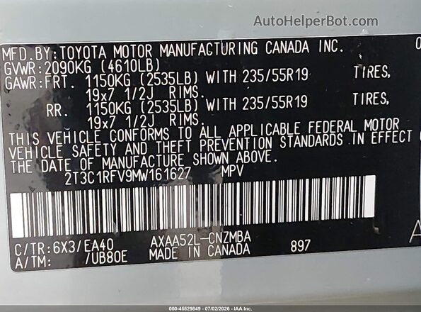 2T3C1RFV9MW161627 2021 TOYOTA RAV4 Green Vista del compartimento del motor