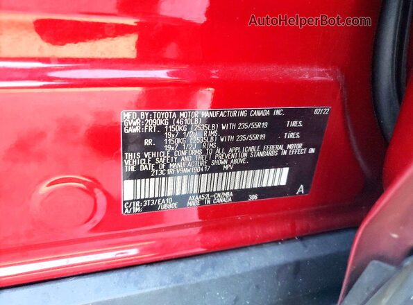 2T3C1RFV9NW190417 2022 TOYOTA RAV4 Красный Вид наклейки с VIN-кодом