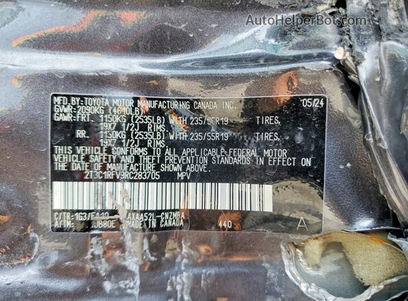 2T3C1RFV9RC283705 2024 TOYOTA RAV4 Charcoal VIN კოდის სტიკერის ხედი