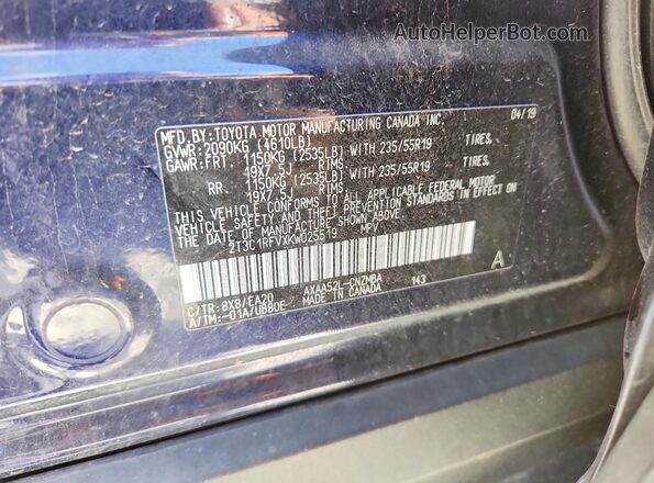 2T3C1RFVXKW025519 2019 TOYOTA RAV4 Blue ძრავის განყოფილების ხედი