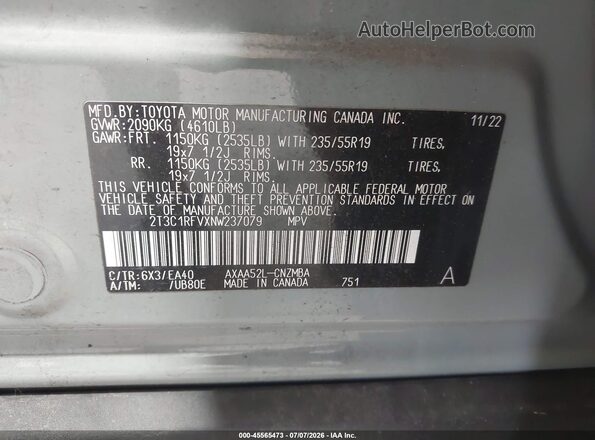2T3C1RFVXNW237079 2022 TOYOTA RAV4 Серый Вид подкапотного пространства