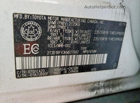 2T3D1RFV3KW027682 2019 TOYOTA RAV4 White Սալոնի 360 աստիճան տեսք