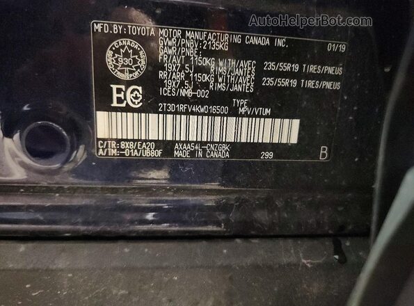 2T3D1RFV4KW016500 2019 TOYOTA RAV4 Blue Vista interior de 360 grados