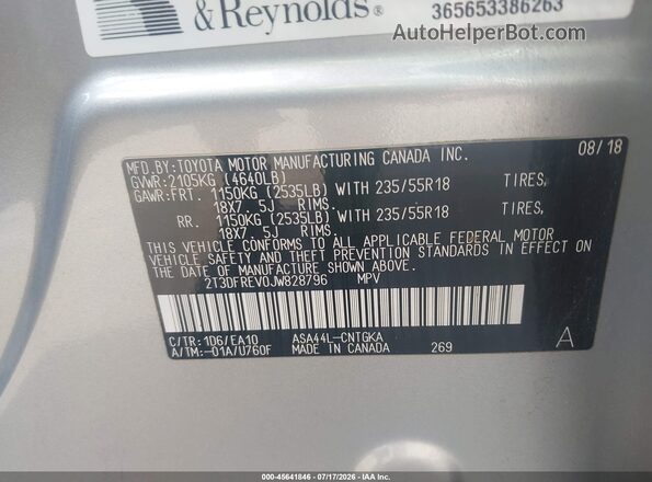 2T3DFREV0JW828796 2018 TOYOTA RAV4 Silver Вид підкапотного простору