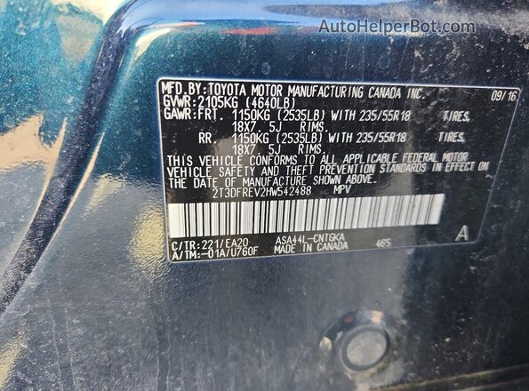 2T3DFREV2HW542488 2017 TOYOTA RAV4 Синий Вид наклейки с VIN-кодом