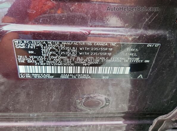 2T3DFREV2HW636936 2017 TOYOTA RAV4 Purple Widok naklejki z numerem VIN