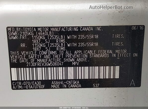 2T3DFREV3GW506047 2016 TOYOTA RAV4 Белый Вид подкапотного пространства
