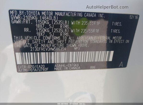 2T3DFREV3HW586354 2017 TOYOTA RAV4 White Vista del compartimento del motor