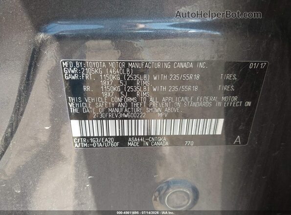 2T3DFREV3HW600222 2017 TOYOTA RAV4 Gray ძრავის განყოფილების ხედი