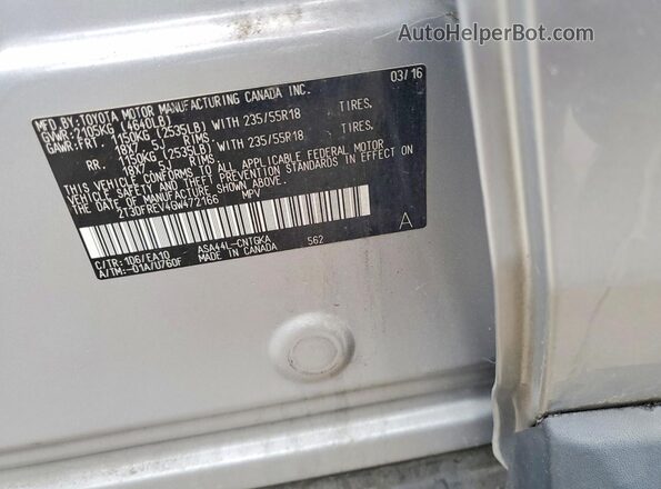 2T3DFREV4GW472166 2016 TOYOTA RAV4 Silver Widok naklejki z numerem VIN
