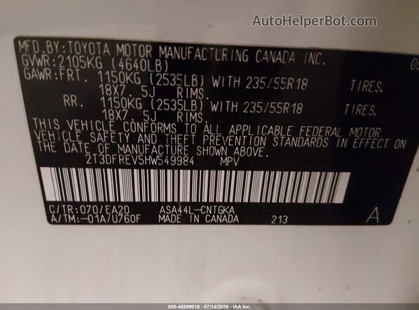 2T3DFREV5HW549984 2017 TOYOTA RAV4 White Engine compartment view