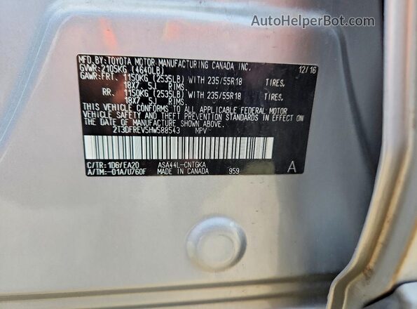 2T3DFREV5HW588543 2017 TOYOTA RAV4 Серебряный Вид наклейки с VIN-кодом