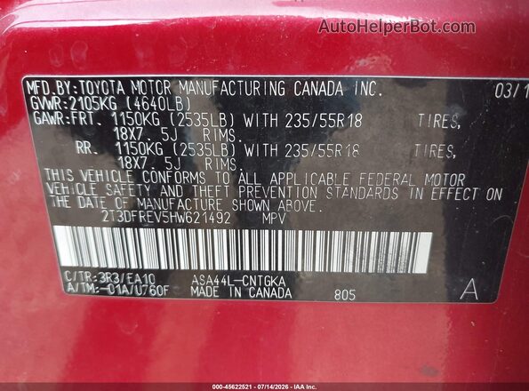 2T3DFREV5HW621492 2017 TOYOTA RAV4 Red ძრავის განყოფილების ხედი