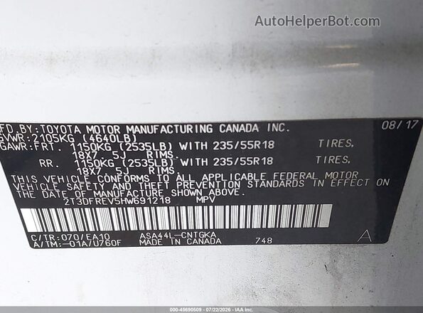 2T3DFREV5HW691218 2017 TOYOTA RAV4 White Շարժիչի բաժամունքի տեսք