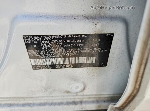 2T3DFREV6GW448872 2016 TOYOTA RAV4 White VIN sticker view