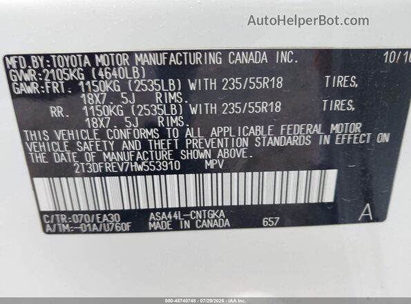 2T3DFREV7HW553910 2017 TOYOTA RAV4 White Շարժիչի բաժամունքի տեսք