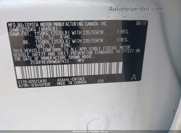 2T3DFREV8HW687423 2017 TOYOTA RAV4 White Widok komory silnika