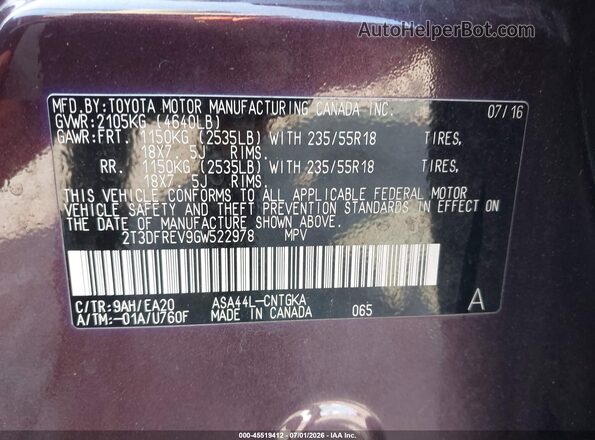 2T3DFREV9GW522978 2016 TOYOTA RAV4 Burgundy Engine compartment view