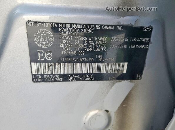 2T3DFREV9JW734190 2018 TOYOTA RAV4 Silver VIN კოდის სტიკერის ხედი