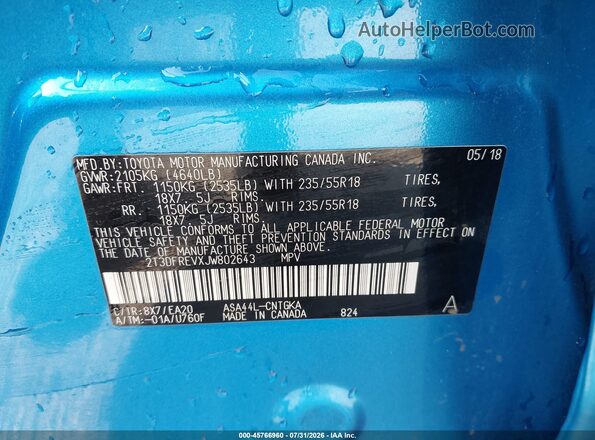 2T3DFREVXJW802643 2018 TOYOTA RAV4 Blue Vista del compartimento del motor