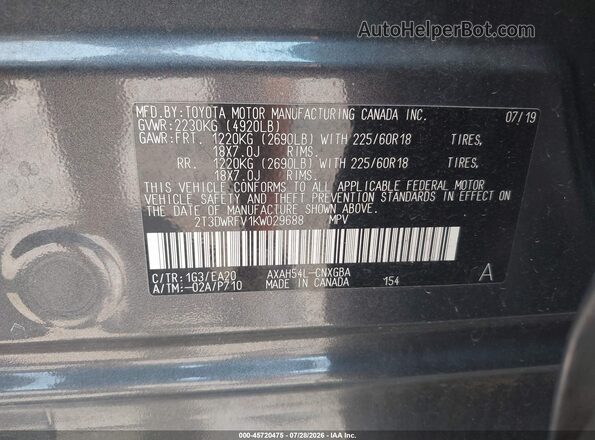 2T3DWRFV1KW029688 2019 TOYOTA RAV4 HYBRID Gray Շարժիչի բաժամունքի տեսք