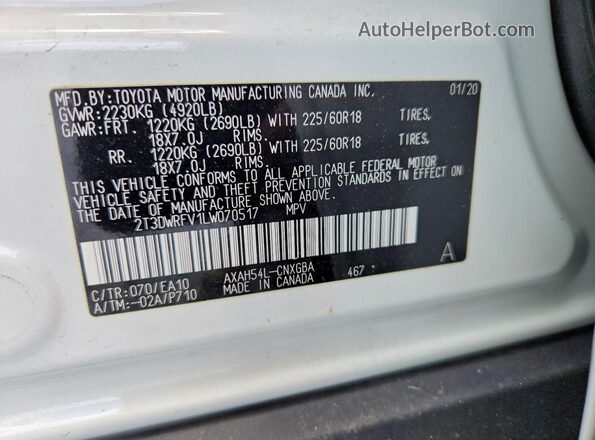 2T3DWRFV1LW070517 2020 TOYOTA RAV4 White სალონის 360-გრადუსიანი ხედი
