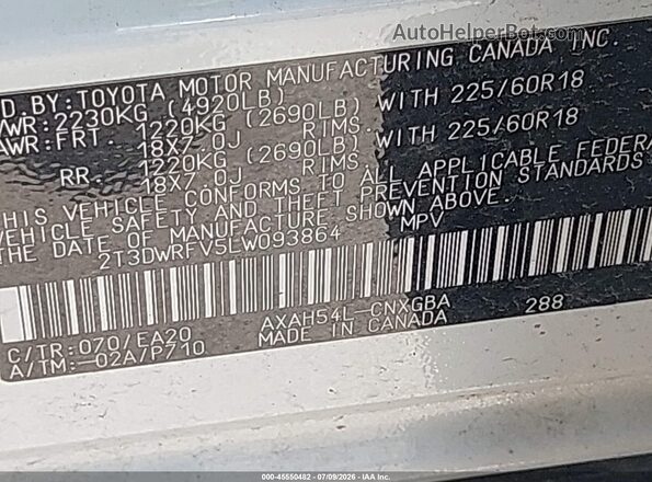 2T3DWRFV5LW093864 2020 TOYOTA RAV4 HYBRID White ძრავის განყოფილების ხედი