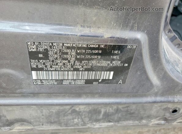2T3DWRFVXLW090538 2020 TOYOTA RAV4 Gray სალონის 360-გრადუსიანი ხედი
