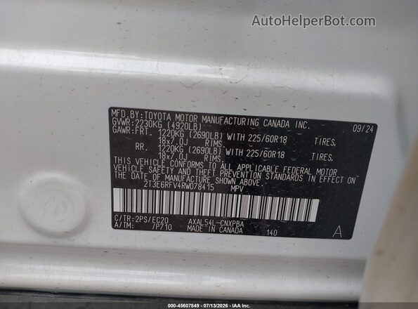 2T3E6RFV4RW078415 2024 TOYOTA RAV4 HYBRID White VIN կոդի պիտակի տեսք