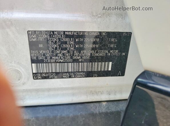 2T3E6RFV6MW025000 2021 TOYOTA RAV4 Белый Вид наклейки с VIN-кодом