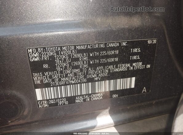 2T3E6RFV7MW004396 2021 TOYOTA RAV4 HYBRID Gray Engine compartment view