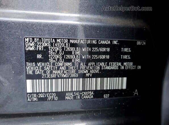 2T3E6RFV7RW073869 2024 TOYOTA RAV4 Угольный Вид наклейки с VIN-кодом