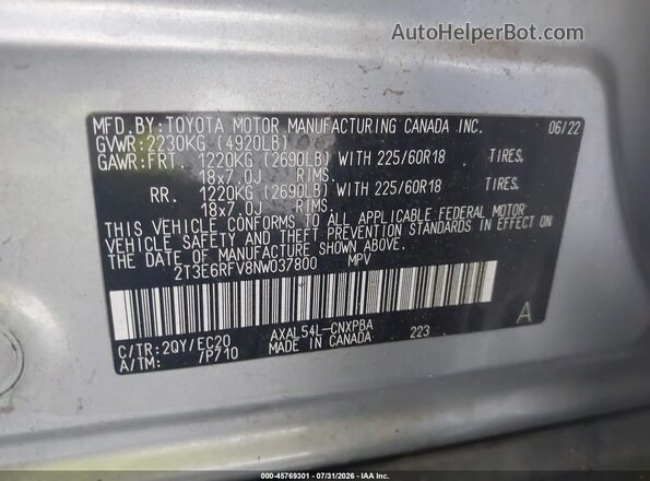 2T3E6RFV8NW037800 2022 TOYOTA RAV4 HYBRID Silver Vista del compartimento del motor